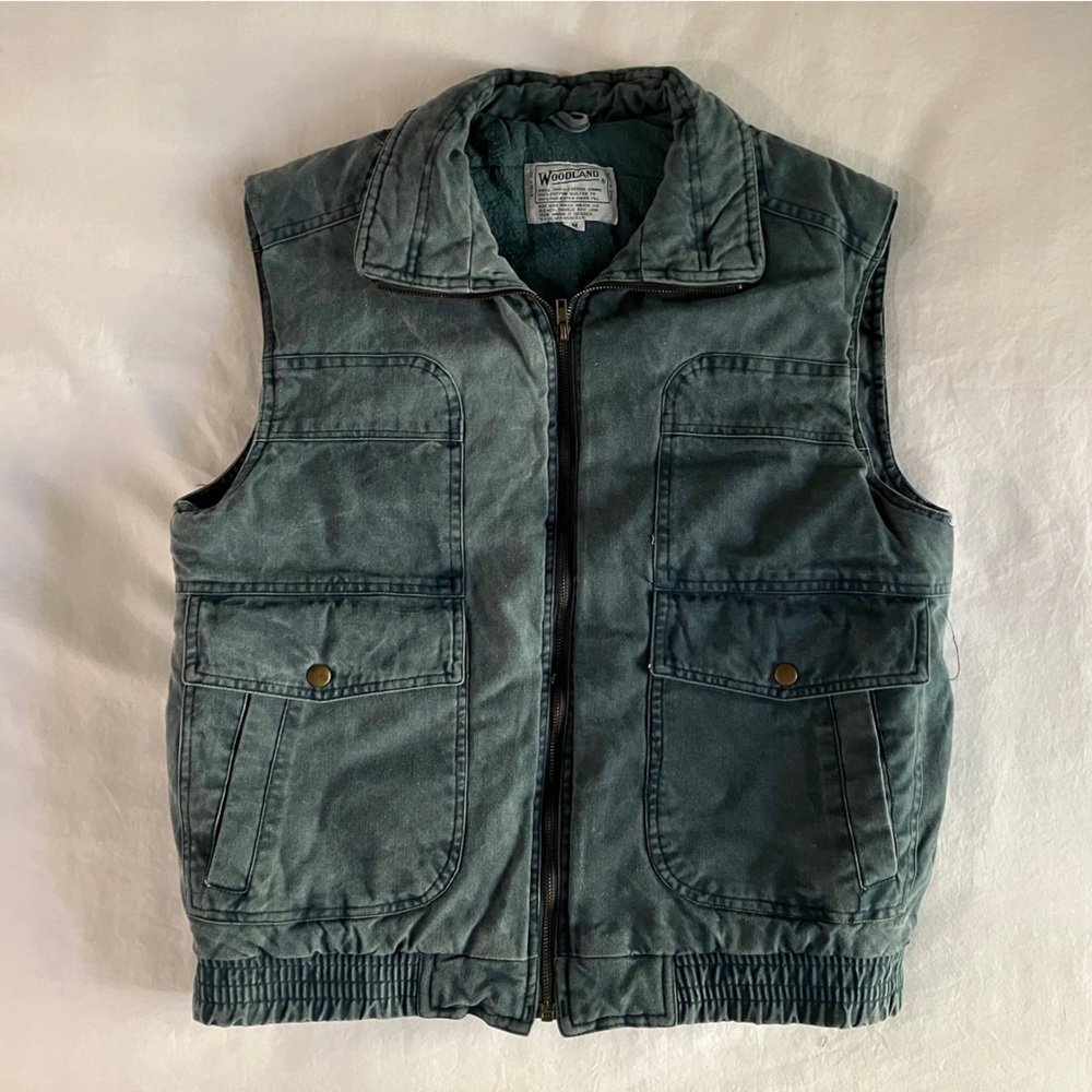 WOODLAND Men's M Green Hunting Fishing Vest Snap Pockets Quilted Lining Vintage